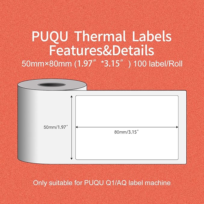 PUQU 50x80mm Direct Thermal Sticker Labels, Self-Adhesive All-Purpose Label Maker Tape, Compatible with AQ/Q1 Series Label Printer, Refills Standard Laminated Office Labeling, 6 Rolls of 600 Labels
