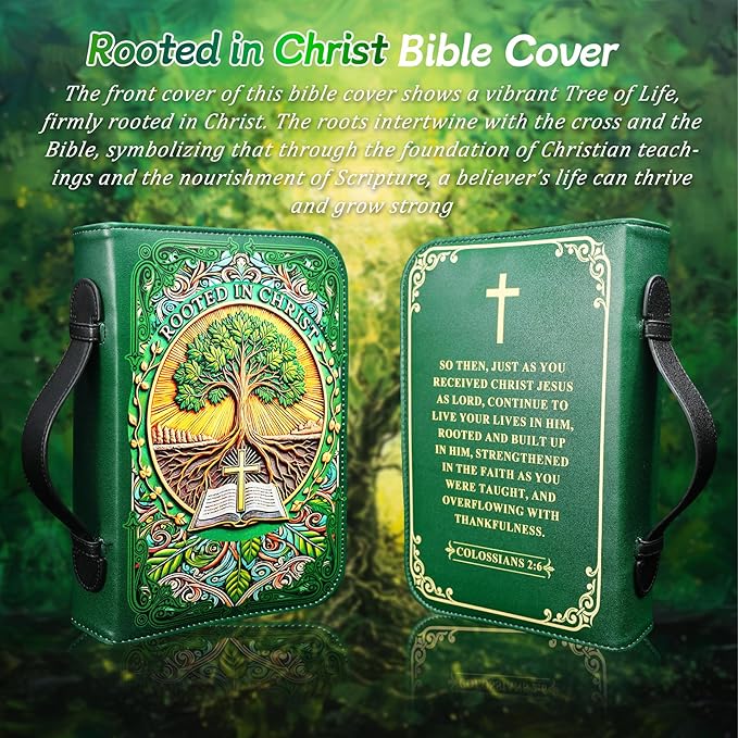Rooted in Christ Bible Cover for Women Men - Faith Scripture Study Bible Carrier Case Bag Accessories Supplies - Religious Bible Pattern Leather Organizer - Christian Pastor Appreciation Gifts