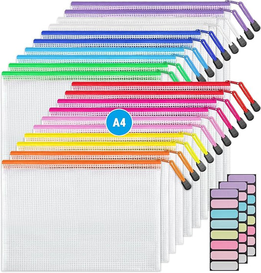 JARLINK 20 Pack 10 Colors Zipper Mesh Document Pouch, Letter Size/A4 Size, Plastic Water-Resistant File Bags, for School Office Supplies Cosmetics Travel Storage, Assorted Color