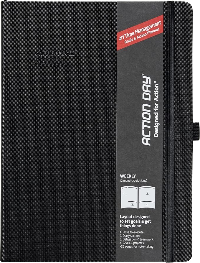 Action Day 2025 Weekly Planner - Effective Planning System & Increase Productivity, To-Do List, Goals, Projects, Dated Daily Diary - 8x11 Black