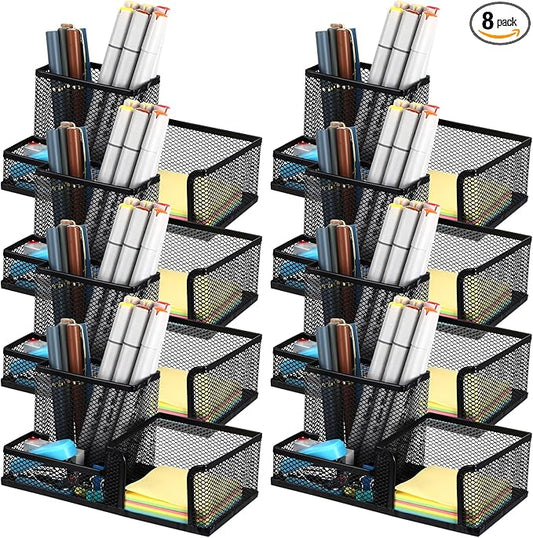 Lemecima 8 Pcs Pen Holder for Desk Mesh Metal Pencil Holders Pen Cup Marker Desk Caddy with Sticky Notes Organizer for Office Supplies Workspace Home, Black