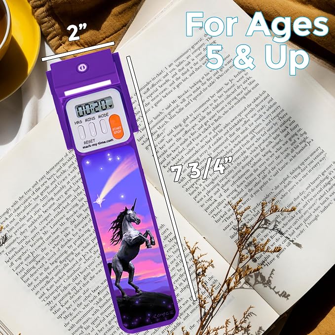 Mark-My-Time Digital Bookmark and LED Book Light - Timer and Bookmark for Kids with LED Book Light, Cool Bookmarks and Reading Incentives, Christmas Gift & Stocking Stuffer - Unicorn