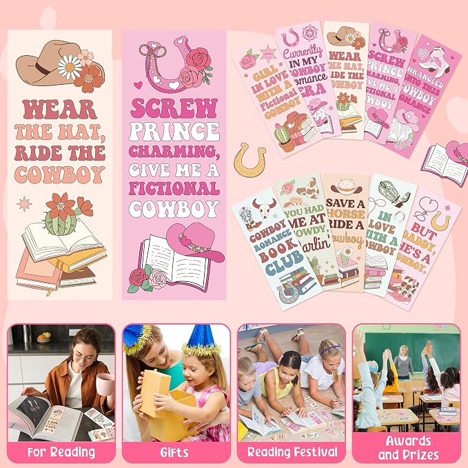 Laffact Cowboy Romance Reader Bookmarks - 120Pcs Valentine's Day Cowboy Western Book Club Reading Tracker, Pink Cowboys Hat and Boots Bookish Gifts Reading Accessories for Book Lover Romance Reader