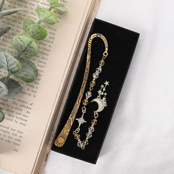 Fantasy Moon Metal Bookmark - Vintage Hook Book Marks Page Mark with Beaded Gold Star Charm for Women Girls Students Teachers Bookworms Reading Lovers Birthday Gifts School Accessories