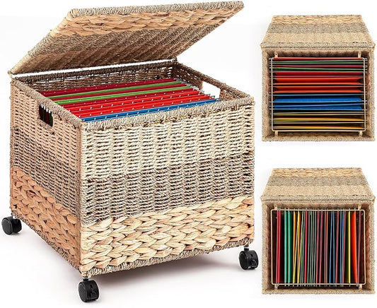 Cinnvoice Decorative Rolling File Cabinet 18 x 16 x 13 in Seagrass Wicker File Box Organizer for Letter & Legal Size Handwoven Hanging Filing Basket with Lid for Folder Home Office Decor Tricolor