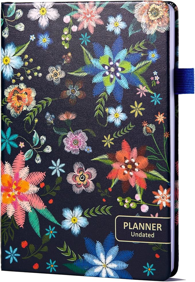 Comkiso Undated Weekly and Monthly Planner with Adhesive Tabs, A5 Dateless Academic Planner for Women & Men Daily Planning, Hardcover Leather All In One Planner for Home School Work Organizer (Bloom)