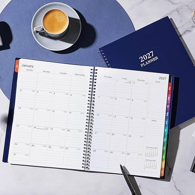 Vondafe 2027 Planner Weekly and Monthly - JAN 2027 - DEC 2027, 9"×11", Calendar Planner 2027, Weekly and Monthly Planner with Polypropylene Cover, Inner Pocket, Colorful Tabs & Thick Paper - Navy