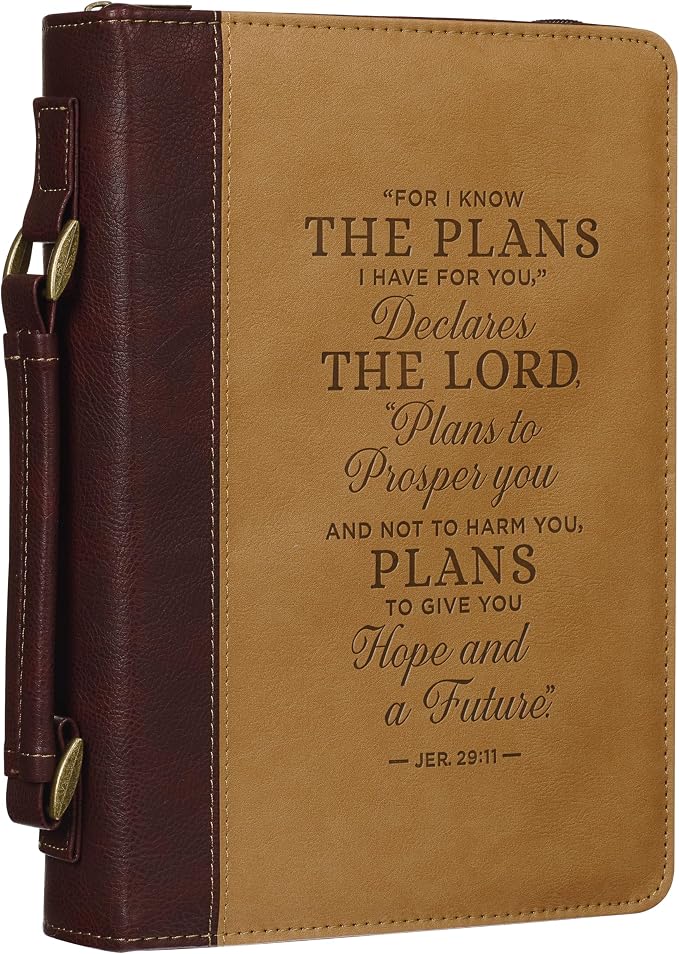 Christian Art Gifts Classic Vegan Leather Bible Cover for Men & Women: Hope & Future Encouraging Scripture Verse, Debossed Design, Sturdy Easy Carry Case, Pockets, Pen Loops Storage, Brown/Tan, Large