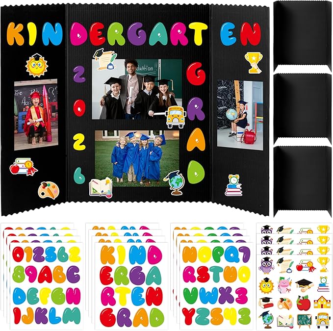 ANGOLIO Kindergarten Graduation Photo Display Board - 4 Sets Graduation Photo Trifold Poster Board with 16 Grad Themed Sticker for 2026 Grad Party Decoration Picture Collage Frame Supplies (24” x 16”)