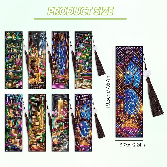 Dark Academia Diamond Art Bookmarks, 8 Pcs Enchanted Library Fantasy Diamond Painting Bookmark Kits for Adults, DIY Crafts Book Marks with Tassels for Reading Women Book Lover Gifts
