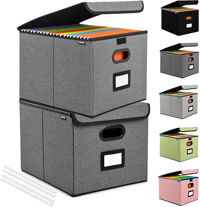 Qerlei File Organizer Boxes with Lids,Collapsible File Folder Organizer with Plastic Slide,Collapsible Filing & Storage Boxes for Office/Decor/Home (Drak grey, 2 Pack)