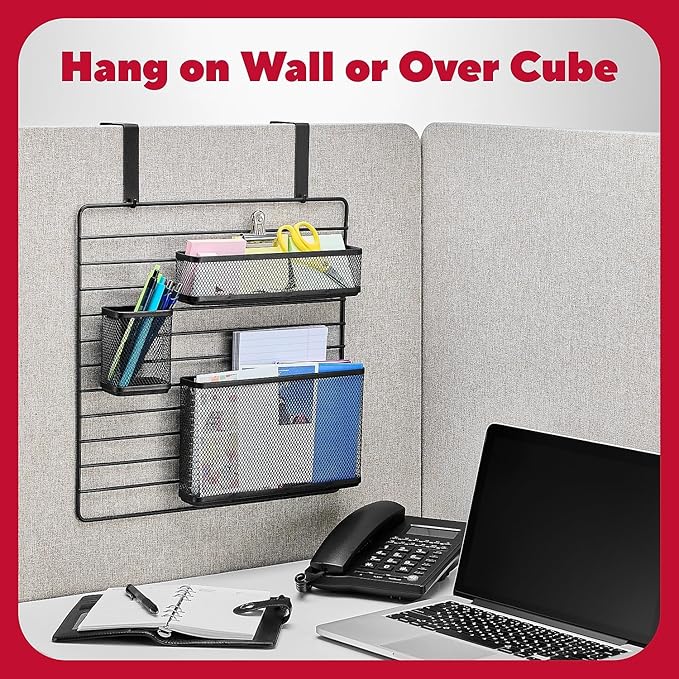 TRU RED Metal Mesh Wall Organizer, 3‑Compartment, Black – Wall‑Mounted File & Accessory Organizer for Mail, Folders & Office Supplies