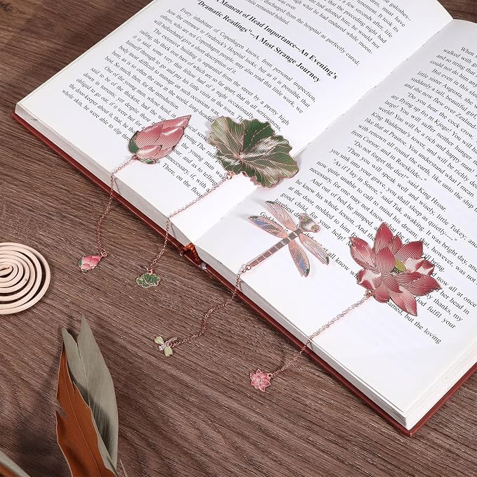 4Pcs Metal Bookmarks with Chain Plant Bookmark Golden Lotus Leaf Birthday Gifts Unique Teacher Christmas Gifts Literary Accessory Appreciation Stuffers for Book Lovers Writers Readers Women Adults