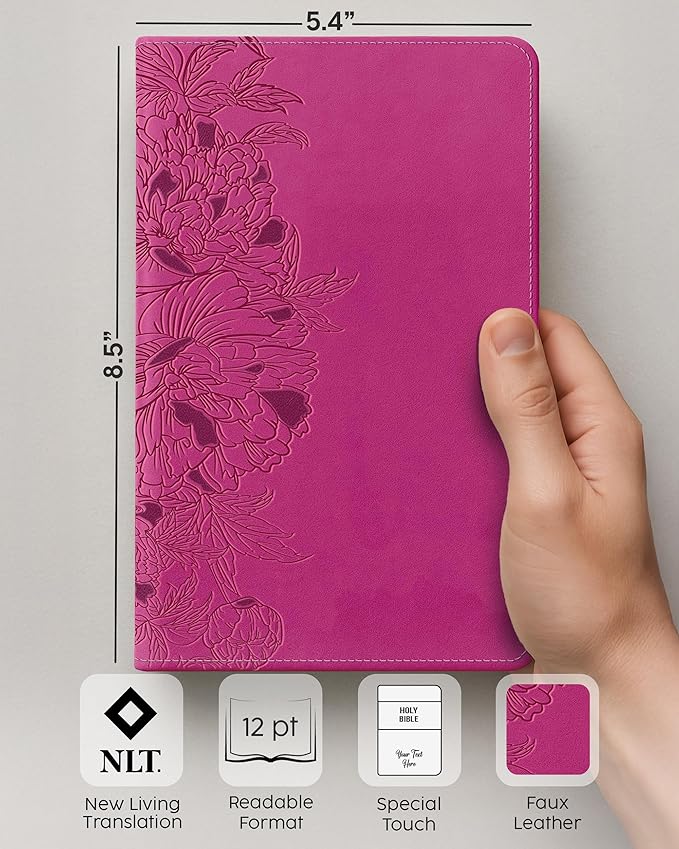 Personalized NLT Bible with Engraved Name, Peony Pink Personal Size Giant Print, Faux Leather, New Living Translation