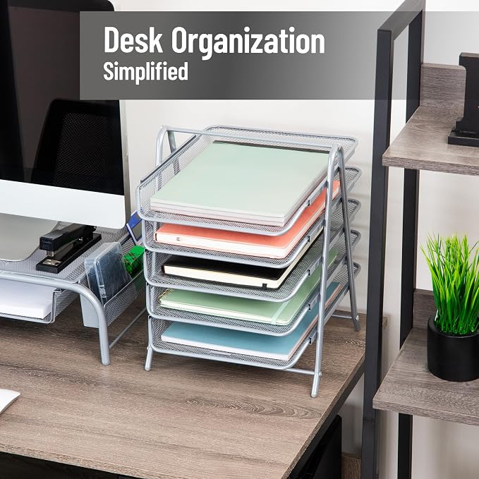 Mind Reader 5-Tier Paper Tray Organizer, Vertical Desktop File Storage Rack, Office, Metal Mesh, Silver