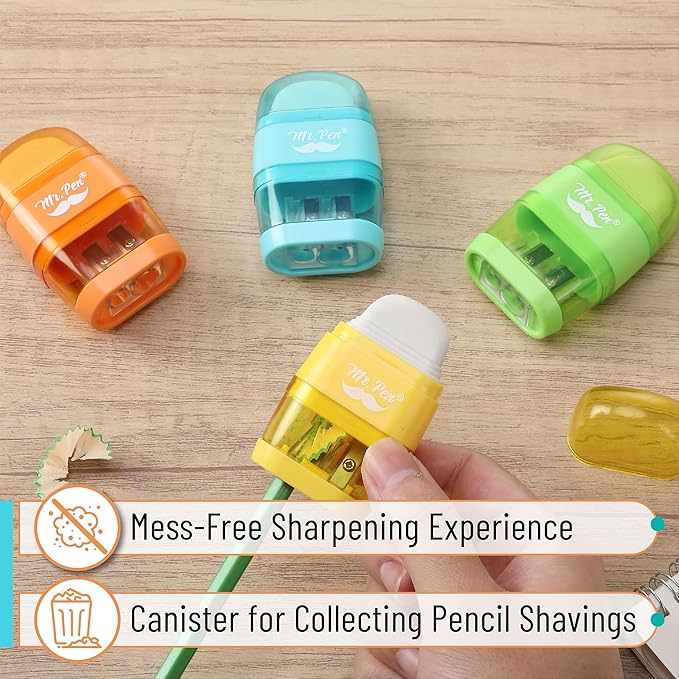 Mr. Pen- Pencil Sharpener & Eraser, 4 Pack, 2-in-1 Manual Sharpeners with Canister, 2 Sharpening Holes for Standard & Jumbo Pencils, Colorful Dual Hole Design for School, Office, Home, Kids