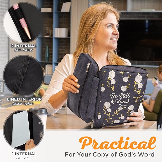 Christian Art Gifts Men & Women’s Bible Cover – Be Still & Know Psalm 46:10, Navy Canvas, Large Size – Durable Zipper Case with Handle, Pen Loop, Interior & Exterior Pockets for Daily Use