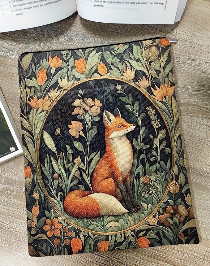 Vintage Flower Fox William Morris Book Sleeve for Book Lovers, Bookish Book Protector with Zipper, Washable Fabric Book Cover for Paperbacks & Hardcovers,11.4 x 9.1Inches (Orange Flower-Fox, Medium)