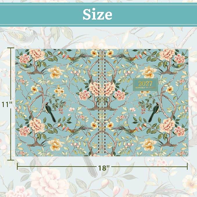 2027 Monthly Planner - 2027 Planner with Tabs, Monthly Planner/Calendar 2027, Jan. 2027 - Dec. 2027, 9" x 11", Strong Gold Twin-wire Binding, Back Pocket, Note Pages - Floral