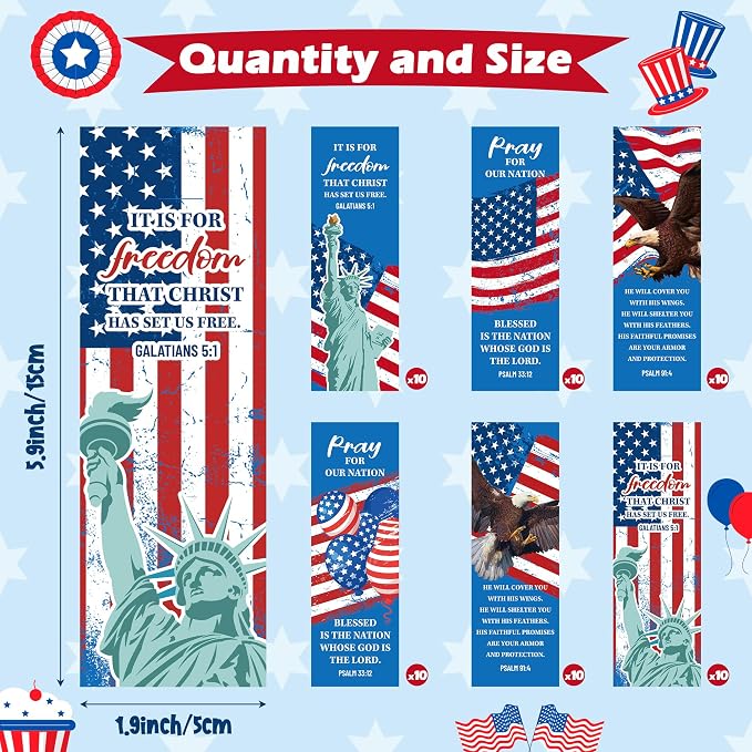 TICIAGA 250th Anniversary American Flag Bible Verses Bookmarks - 60PCS Independence Day USA Stars and Stripes Prayer Bookmark for Kid Psalm 33:12 Religious Christian Church Giveaways for Sunday School