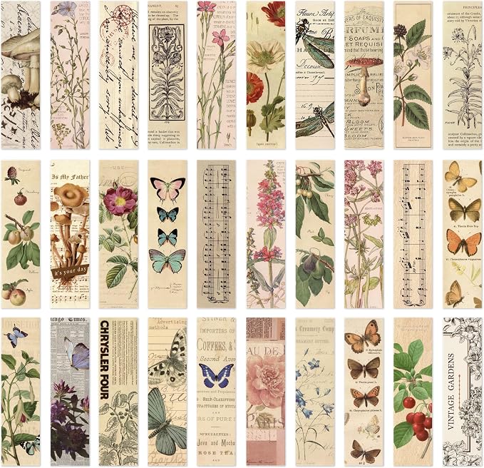 Vintage Natural Style Butterfly Flower Plant Bookmarks, 30PCS (Gentle Whispers)