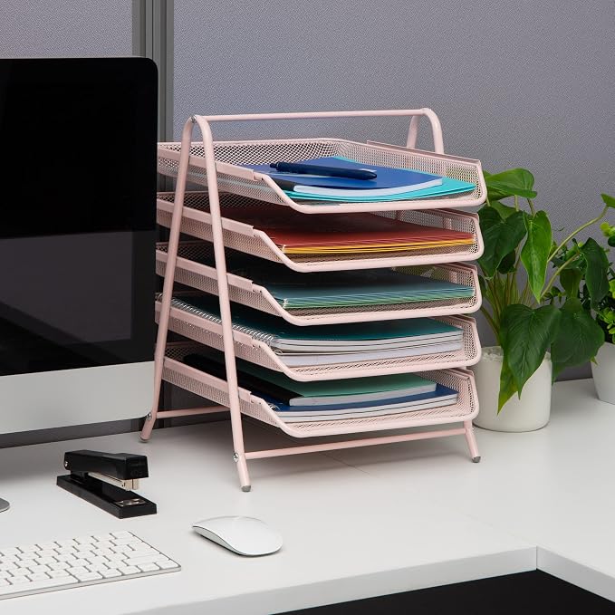 Mind Reader 5-Tier Paper Tray Organizer, Vertical Desktop File Storage Rack, Office, Metal Mesh, Pink (Pack of 6)
