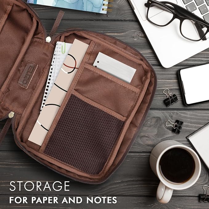 ELIZO Leather Bible Cover for Men Bible Case Women Holder Carrying Organizer Wrap Sleeve Protector Christian Religious Gift Cross Bookmark – Large Bourbon