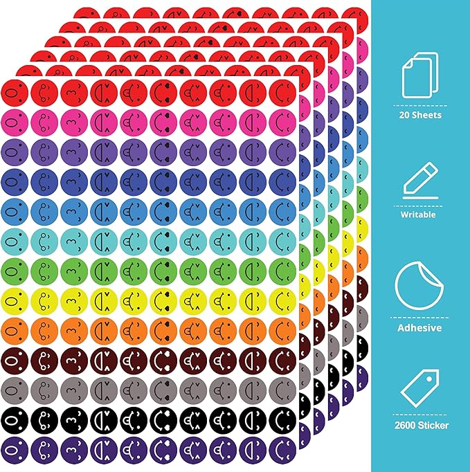 Smiley Face Stickers - 2600 PCS Happy Face Stickers, 3/4 Inch Colorful Round Stickers for Teachers Rewards, Kids, Students, Classroom Incentives, Behavior Charts, Crafts