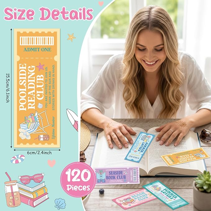 Laffact Summer Book Club Ticket Bookmarks - 120Pcs Cute Vacation Bookmarks Poolside Reading Tracker Page Marker, Readers Accessories Book Club Gifts for Book Lover Bookish Birthday Summer Party Favors