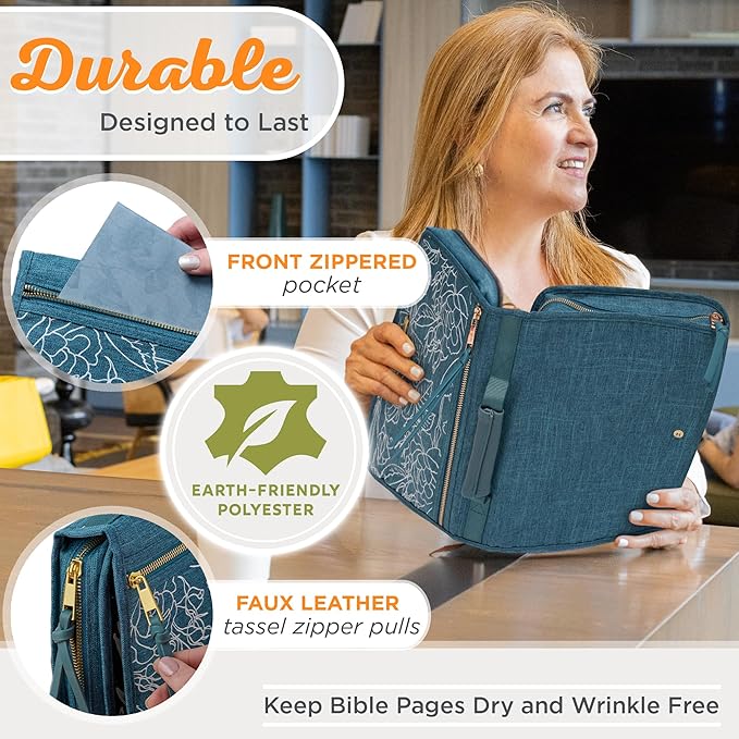 Christian Art Gifts Faith Badge Floral Women's Tri-Fold Organizer Bible Cover Zipper Closure, Teal Canvas, Large