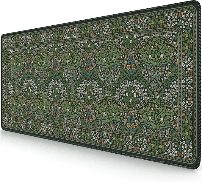 iCasso Aesthetic Floral Desk Mat, L Mouse Pads, Anti-Slip Mousepad with Stitched Edges, Waterproof Computer Pad 11.8"x31.5", Desk Accessories Office Decor for Women(Retro Green)