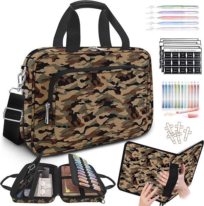 Camo Bible Case Covers for Boys, Large Bible Tote Bag for Men,Bible Carrier,Bible Holder Organizer with Shoulder Strap Zipper Pocket,Bible Study Supplies Kit With Highlighters,Tabs,Pens,Christian Gift