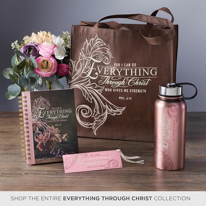 Christian Art Gifts Pink & Gold Faux Leather Premium Bible Verse Bookmark for Women: Everything Through Christ - Philippians 4:13 Inspirational Scripture w/Satin Ribbon, Cute, Sturdy, Floral Debossed