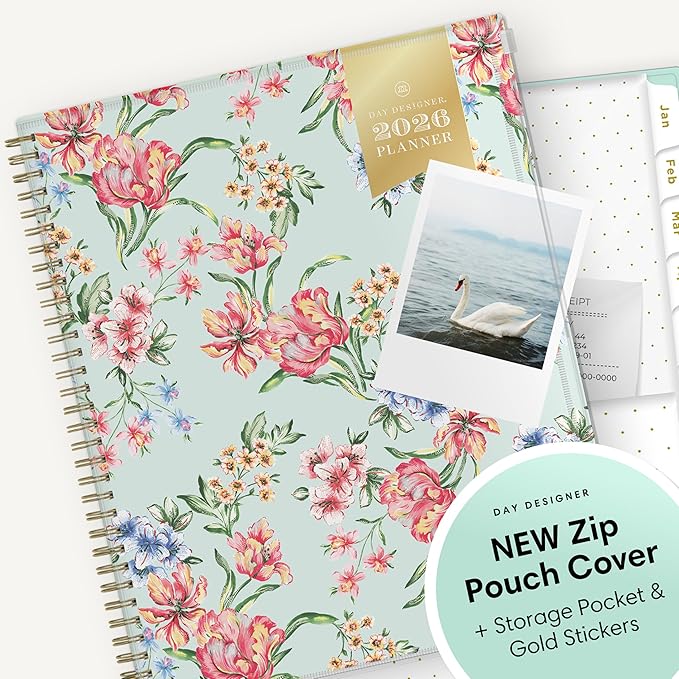 Blue Sky Day Designer 2026 Weekly and Monthly Planner Calendar, January 2026 - December 2026, 8.5" x 11", Flexible Cover With Zip Pouch, Durable Twin Wire Binding, Storage Pocket, Includes Stickers, Tulip Garden Mint