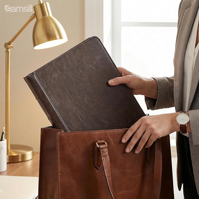 Samsill Vintage Portfolio/Zipper Faux Leather Portfolio, Book Style Hardback Design, Business & Interview Padfolio Organizer, 8.5 x 11 Writing Pad, Dark Brown