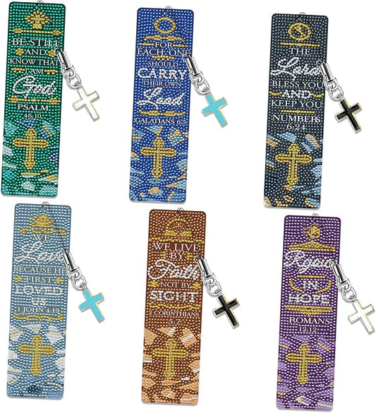 Christian Bible Diamond Art Bookmarks: 6 Pcs Bible Verse Diamond Painting Book Marks with Cross Pendant, Inspirational Religious Bookmark for Reading, DIY Crafts with Accessaries