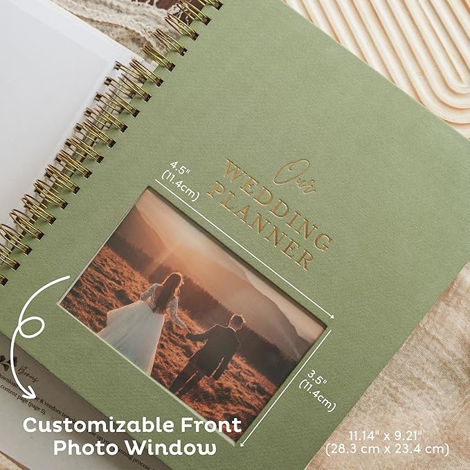Timeless Premium Linen Wedding Planner Book and Organizer – Wedding Planning Book, Comprehensive Keepsake & Countdown Binder, Perfect Engagement Gift for Women, Customizable Front Photo Window Sage)
