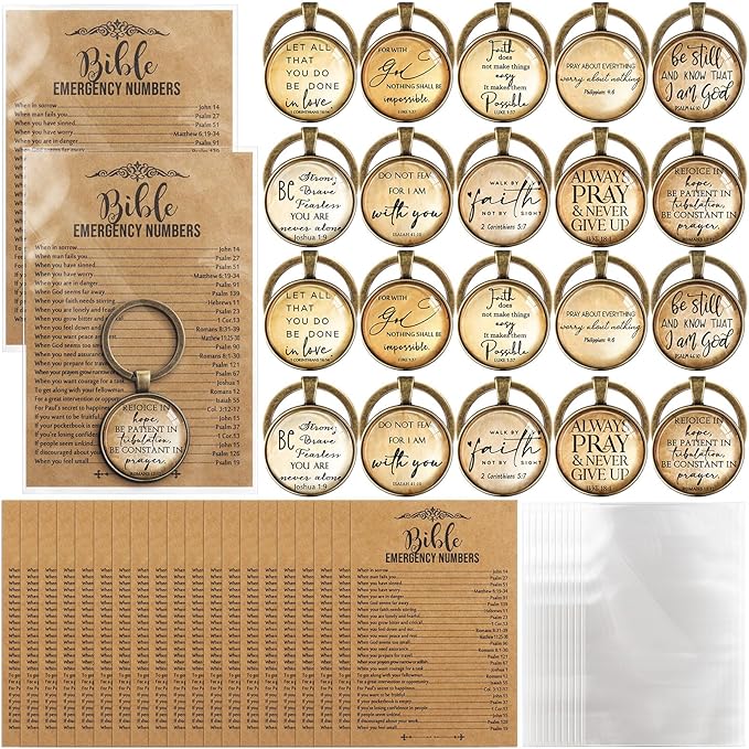 Tondiamo 20 Set Christian Fathers Day Keychain Gifts Bulk Bible Verse Religious Keychain Inspirational Keyring with Emergency Numbers Bookmarks Gifts for Graduation Stuffers Church Sunday School