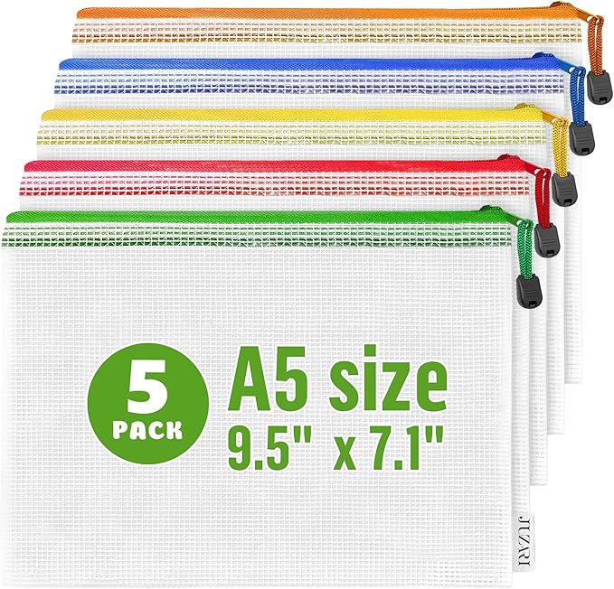 5 Pack Small Mesh Zipper Pouch Bags A5-9.5x7.1 in Plastic Zipper Pouches for Organizing Mesh Pouch with Zippers Bags for Organizing Meshed Zippered Bag Clear Waterproof Travel Pouches Receipts Makeup