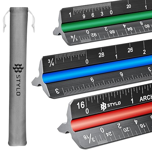 Stylo 12" Aluminum Architect Scale Ruler Laser Etched Triangle Drafting Ruler, Color Coded Grooves for Blueprint, Drafting and Drawing, Architectural Scale Ruler for Blueprints (Black, Imperial Units)