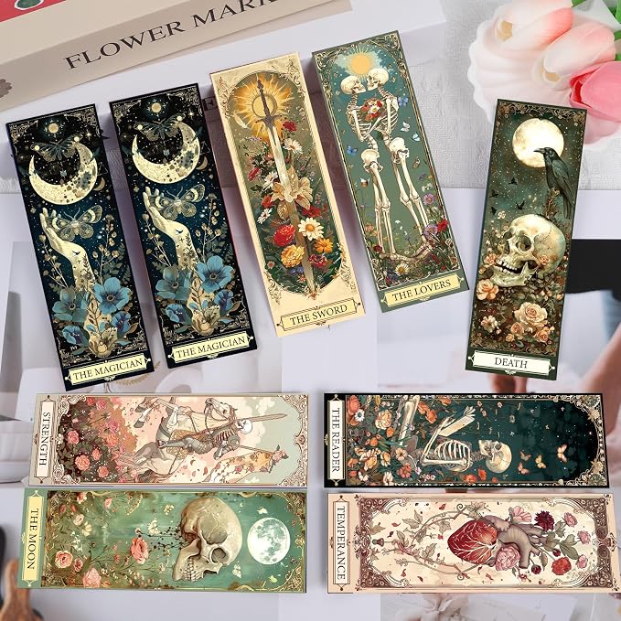Wxiben Tarot Cards Bookmarks Gifts - 60 Pcs Fantasy Skull Bookmarks for Women Dark Romance Book Marks Moon Owl Butterfly Book Markers Page Marker Clip for Students Teachers Bookish Book Lovers Reading