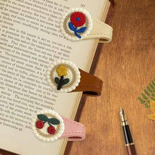 3Pcs Magnetic Leather Bookmark Set, Embroidery Magnetic Bookmarks Clips for Book Lovers Reading, Book Accessories(Flowers)