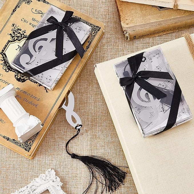 Gueevin 48 Sets Hollow Musical Notes Bookmarks with Tassels & Gift Boxes – Metal Musical Note Party Favors for Wedding, Birthday, Music Events, Classroom & Office Gifts