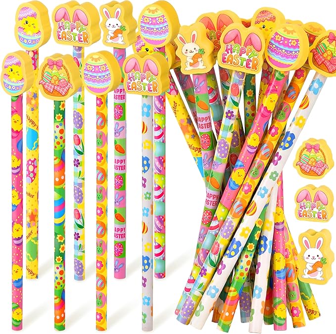 Gersoniel 36 Pcs Easter Pencils Set 18 Bunny Pencils 18 Happy Easter Erasers for Kids Student Classroom Rewards Basket Stuffers Party Favors School Gift Exchange Goodie Bags Filler Stationery