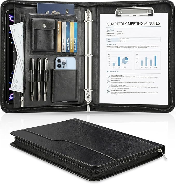Zippered Padfolio with 3-Ring Binder & Clipboard, PU Leather Portfolio Organizer for Men Women, A4 Document Holder with Phone Pocket Pen Loops Card Slots, Professional Business Interview Folder Black