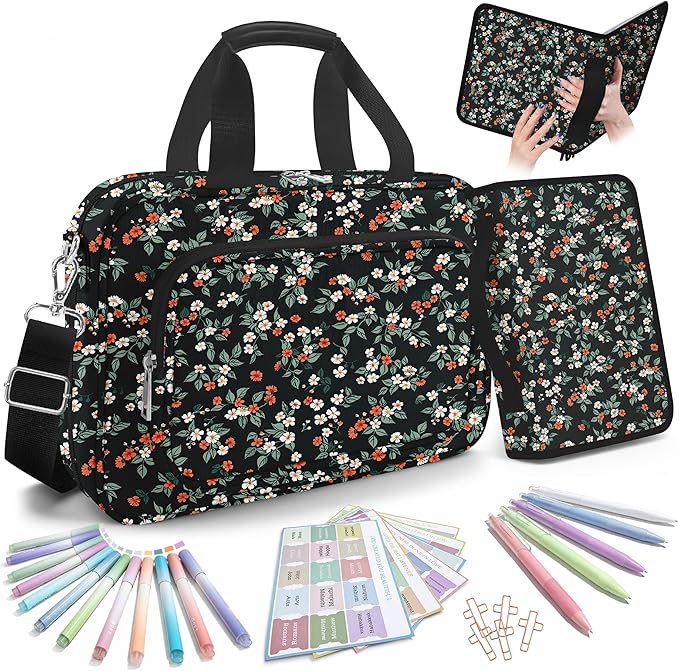 Large Bible Bags for Women Organizer with Bible Cover Case, Bible Cover with Shoulder Strap & Journaling Kit, Pens and Highlighters Cross Clip for Bible Study & Church, Gift for Mom - Flower