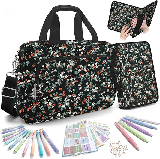 Large Bible Bags for Women Organizer with Bible Cover Case, Bible Cover with Shoulder Strap & Journaling Kit, Pens and Highlighters Cross Clip for Bible Study & Church, Gift for Mom - Flower
