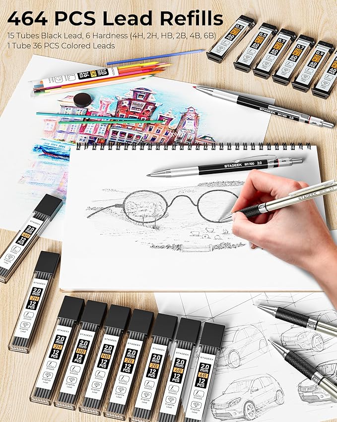 STAGEEK Drawing Pencil Set with Leather Bag 30 Count, Mechanical Pencils 0.5, 0.7, 0.9MM & 3PCS 2MM Sketch Pencils with 464PCS Lead Refills (6B 4B 2B HB 2H 4H Color) for Artist Drafting Drawing