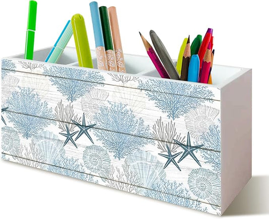 Beach Gifts for Women Men, Coastal Pen Holder for Home Office Desk, Beach Office Decor, Coastal Makeup Brush Toothbrush Holder Organizer for Bathroom Desk Accessories