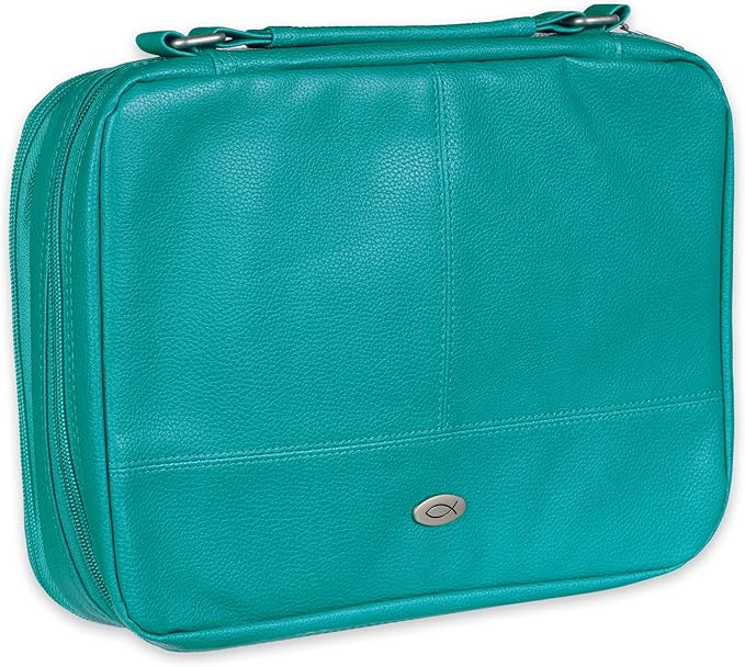 Christian Art Gifts Inspirational Vegan Leather Two-fold Organizer Bible Cover for Women, Jesus Fish Badge, Sturdy Carry Handle, Pen Loops, Pockets, Pen/Highlighter Combo & Notepad, Turquoise, Large